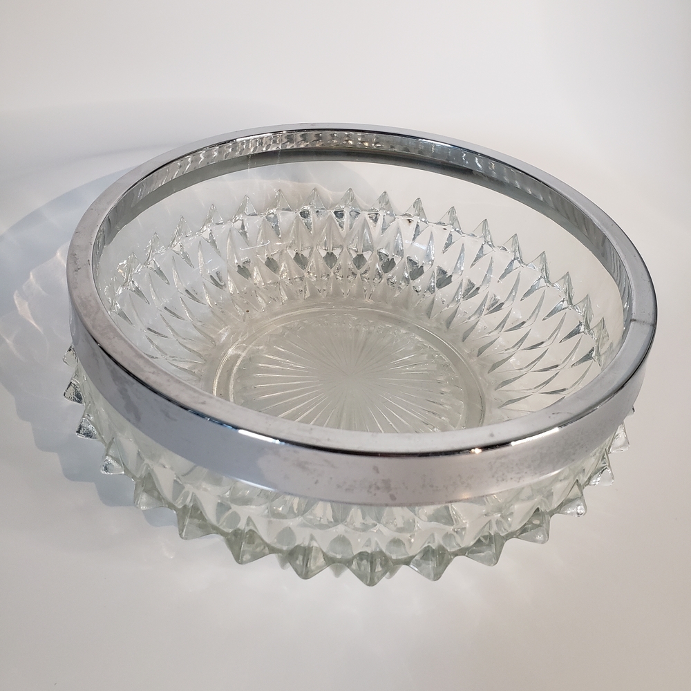 Elegant Crystal Glass Peaked Silver Rimmed Serving Bowl